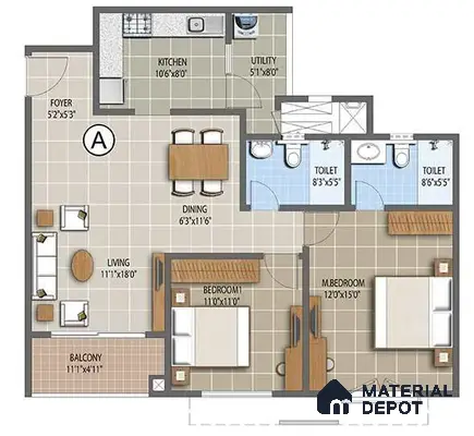 Purva Palm Beach Hennur Bengaluru 2 BHK Floor Plan and Interior Design | Material Depot