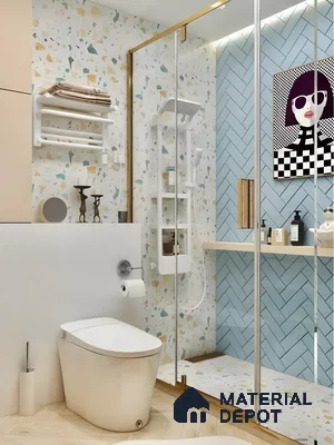 Quirky Bathroom With Terrazzo And Blue Chevron Tiles | Material Depot