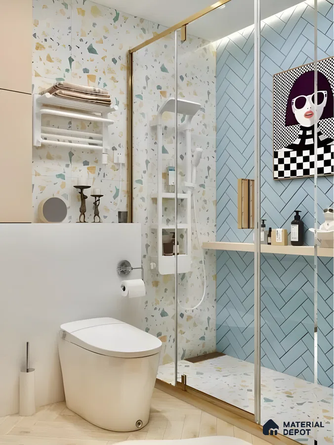 Quirky Bathroom With Terrazzo And Blue Chevron Tiles | Material Depot