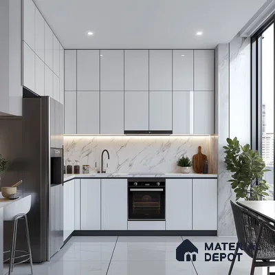 Radiant Simplicity: Bright White Kitchen with Marble Accents and Sleek Functionality | Material Depot
