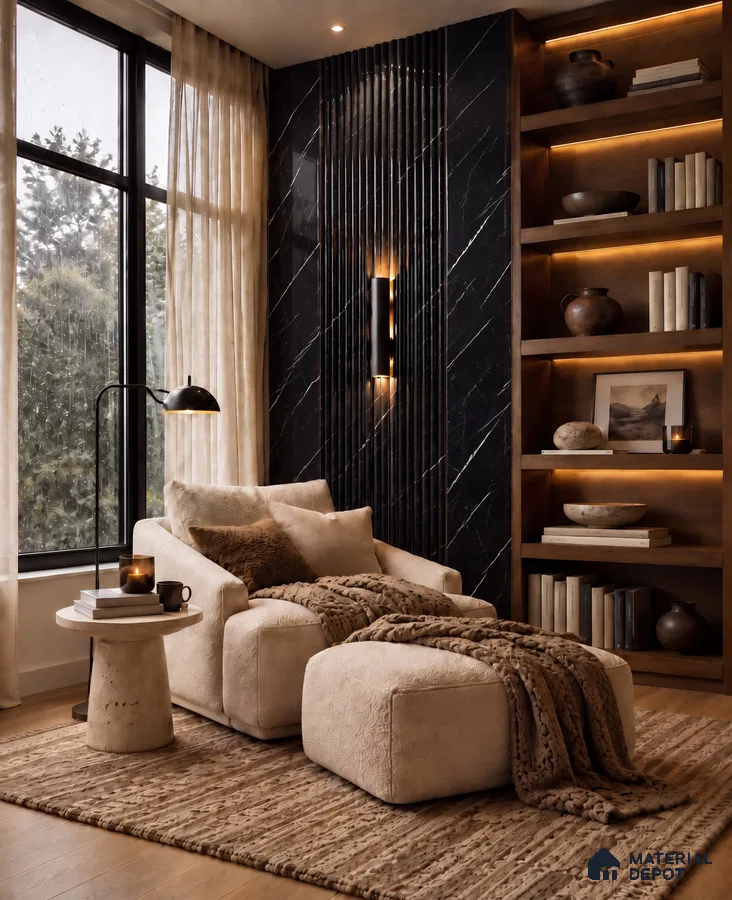 Reading Nook with Black Marble-Look High-Gloss and Fluted Laminate Feature Wall