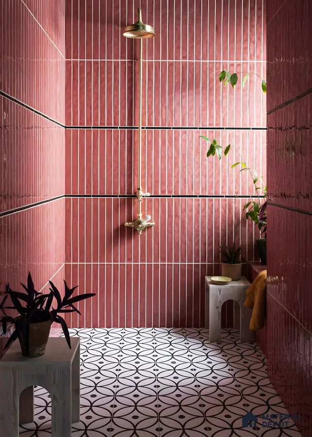 Red Subway Decorative Bathroom Unit With Round Floor Tiles | Material Depot
