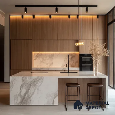 Refined Elegance in a Modern Kitchen: Sleek Wooden Finishes Meets Luxurious Marble Island | Material Depot