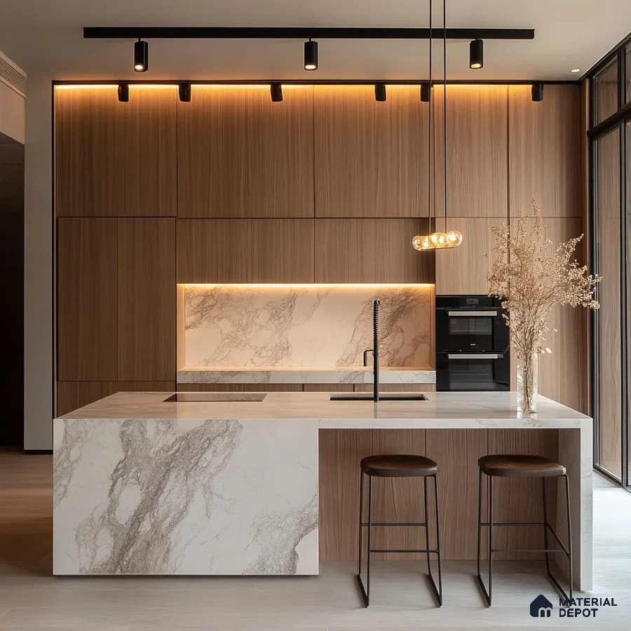 Refined Elegance in a Modern Kitchen: Sleek Wooden Finishes Meets Luxurious Marble Island | Material Depot