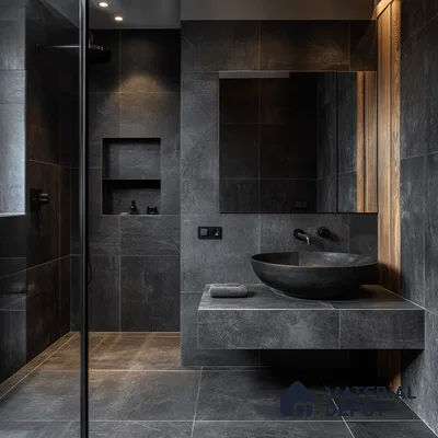 Refined Elegance: Monochrome Bathroom with Luxurious Stone Accents and Black Details | Material Depot