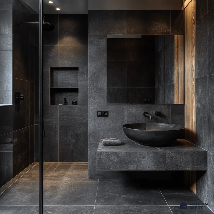 Refined Elegance: Monochrome Bathroom with Luxurious Stone Accents and Black Details | Material Depot