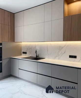 Refined Light Grey Kitchen with Walnut and Marble Highlights | Material Depot