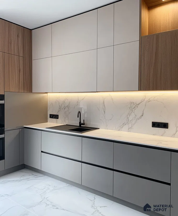 Refined Light Grey Kitchen with Walnut and Marble Highlights | Material Depot
