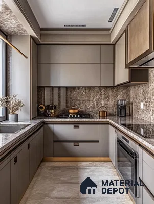 Refined Simplicity: Taupe Tones and Granite Elegance in a Compact Kitchen | Material Depot