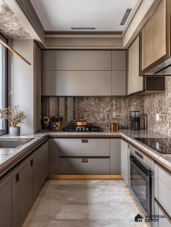 Refined Simplicity: Taupe Tones and Granite Elegance in a Compact Kitchen | Material Depot