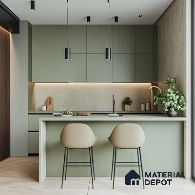 Refined Urban Kitchen Charm with Lush Green Cabinetry and Open, Airy Spaces | Material Depot
