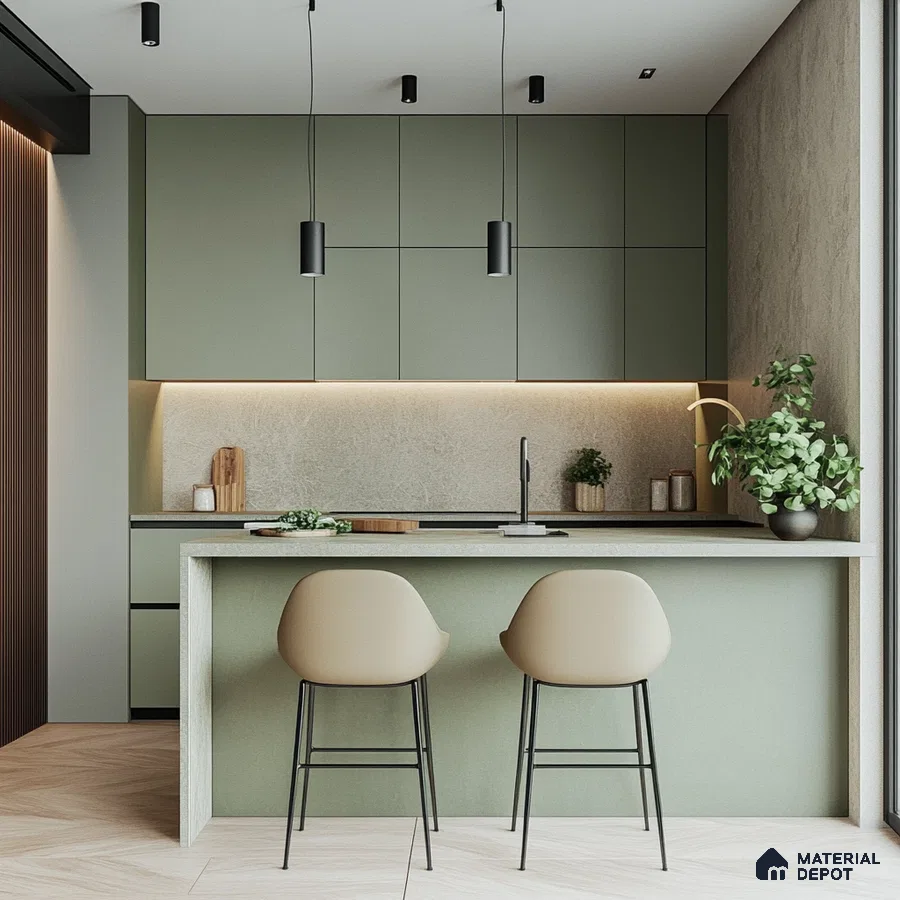 Refined Urban Kitchen Charm with Lush Green Cabinetry and Open, Airy Spaces | Material Depot