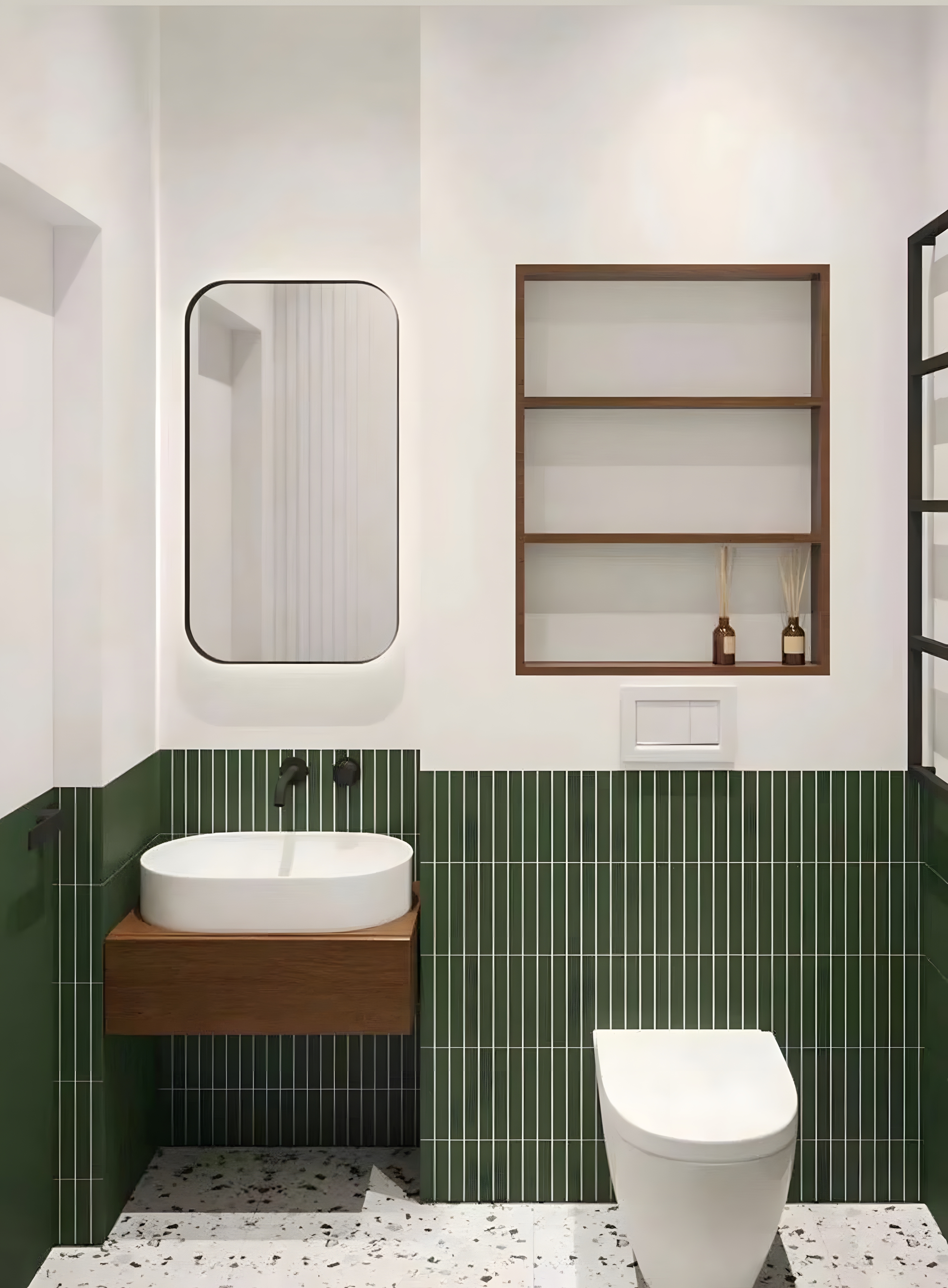 Refreshing Elegance: Sleek Green-Tiled Bathroom with Minimalist Design | Material Depot