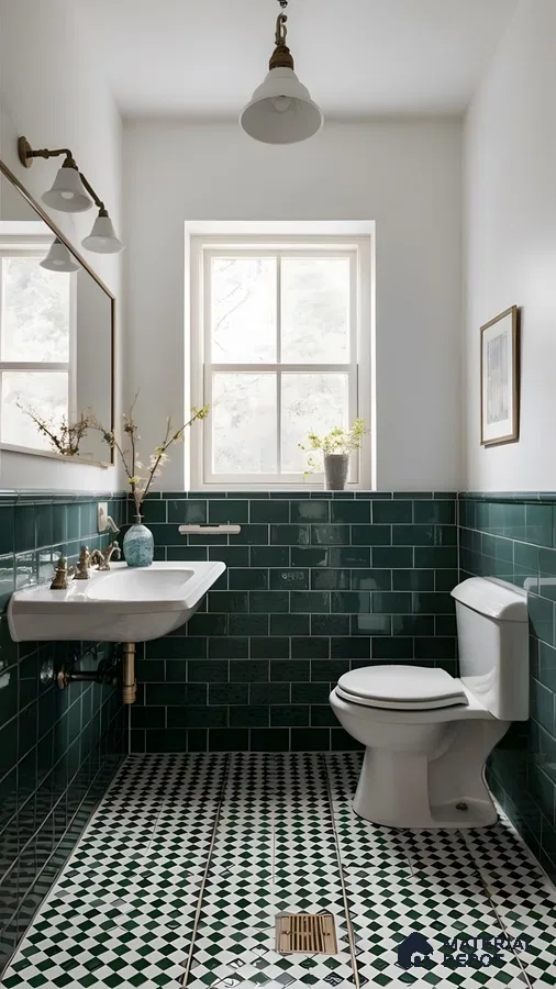 Refreshing Forest Green and White Checkered Bathroom with Natural Light | Material Depot