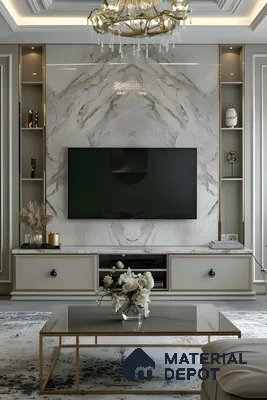 Regal Marble Tv Wall With Gold Framed Shelves And Classic Charm | Material Depot