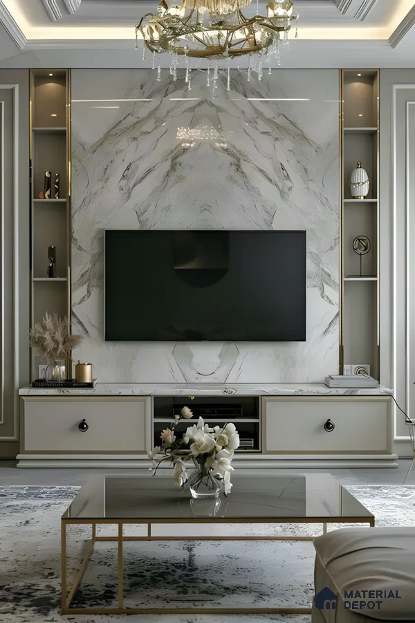 Regal Marble Tv Wall With Gold Framed Shelves And Classic Charm | Material Depot