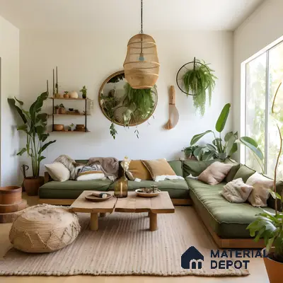 Relaxed Bohemian Living Space: Large Mirror, Floating Shelves, And Organic Elements | Material Depot