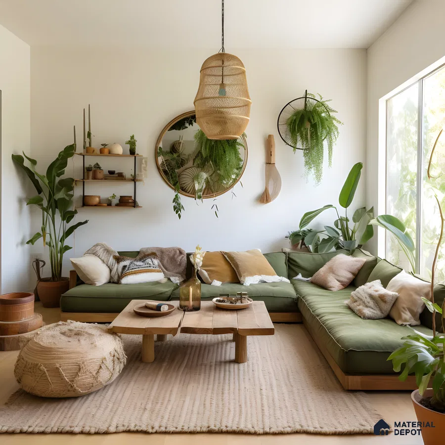 Relaxed Bohemian Living Space: Large Mirror, Floating Shelves, And Organic Elements | Material Depot