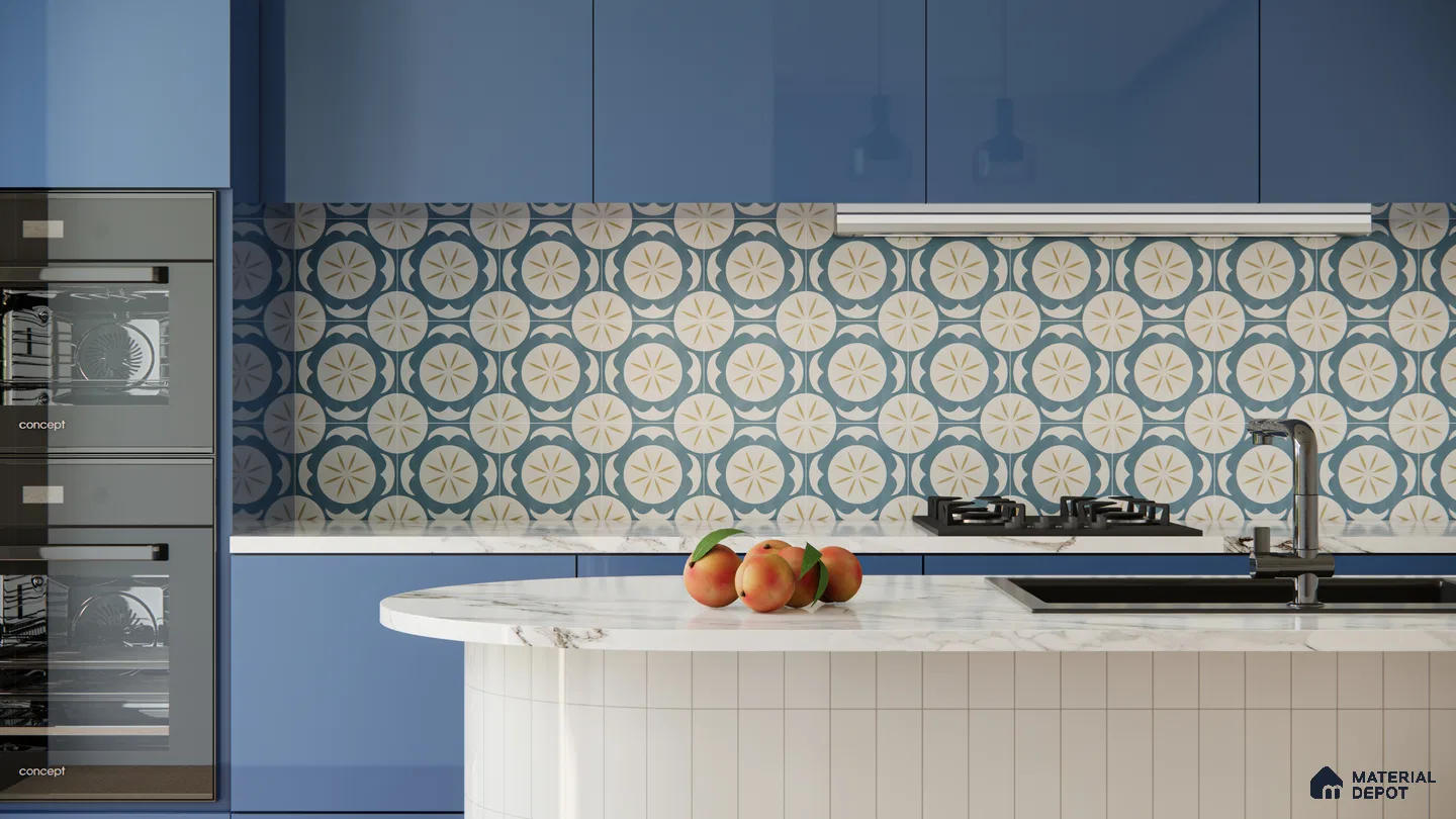 Retro Blue Kitchen with Starburst Pattern Tiles and Marble Countertop | Material Depot