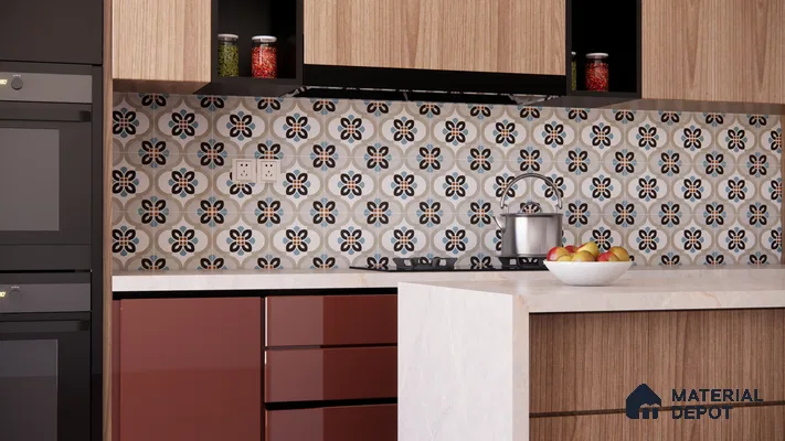Retro Floral Patterned Kitchen Backsplash in Earthy Tones | Material Depot