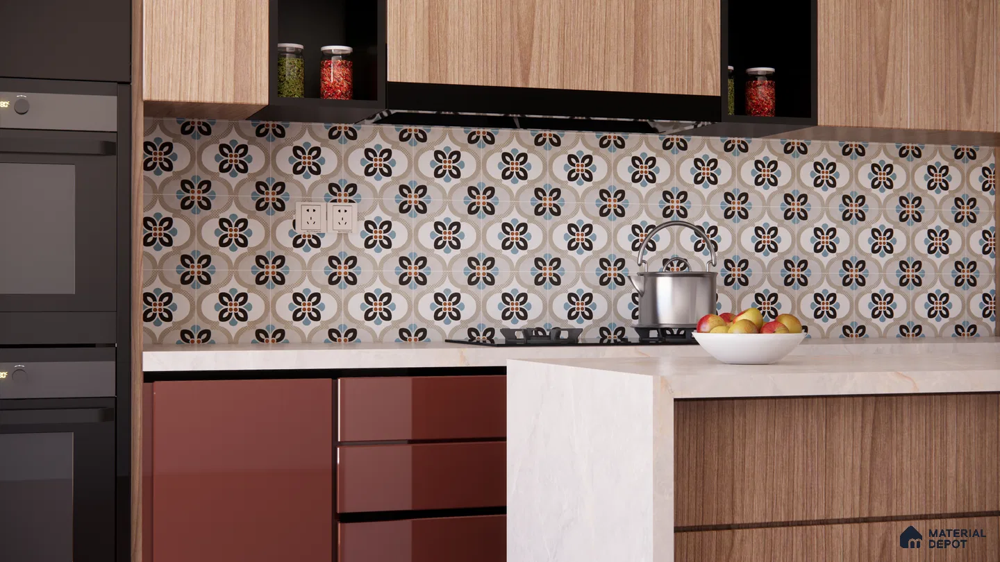 Retro Floral Patterned Kitchen Backsplash in Earthy Tones | Material Depot
