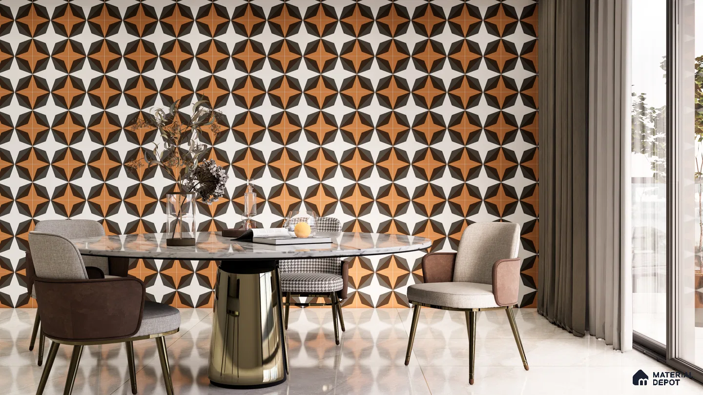 Retro Geometric Dining Room with Starburst Tile Accent Wall | Material Depot