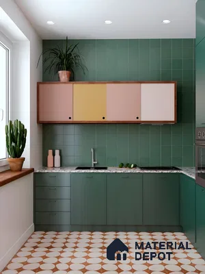 Retro-Inspired Green Kitchen With Colour-Block Cabinets And Patterned Flooring | Material Depot