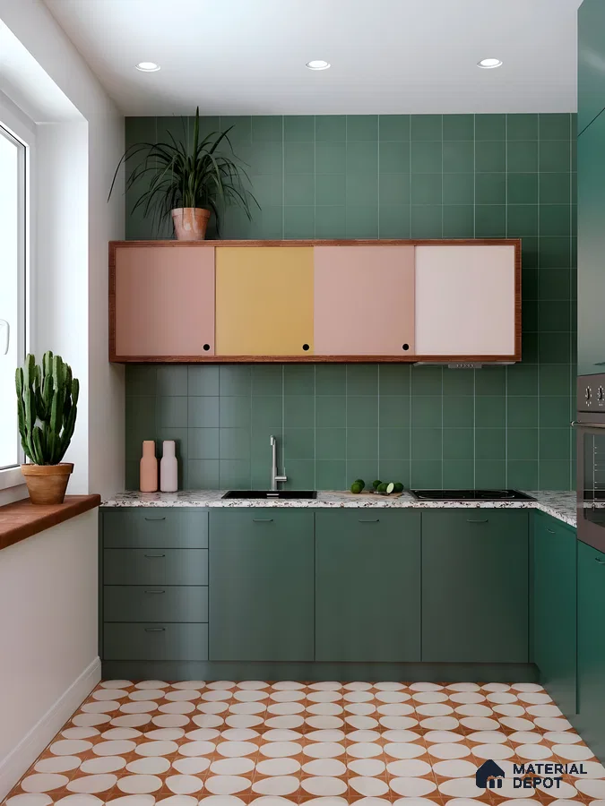 Retro-Inspired Green Kitchen With Colour-Block Cabinets And Patterned Flooring | Material Depot