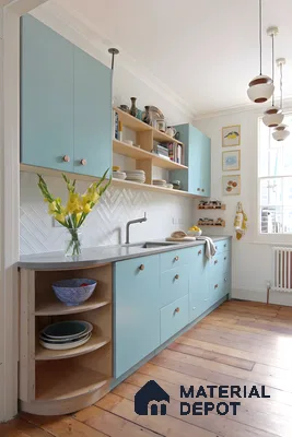 Retro Pastel Blue Kitchen With Open Shelving And Warm Wood Floor | Material Depot