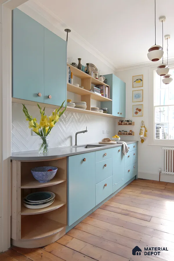Retro Pastel Blue Kitchen With Open Shelving And Warm Wood Floor | Material Depot