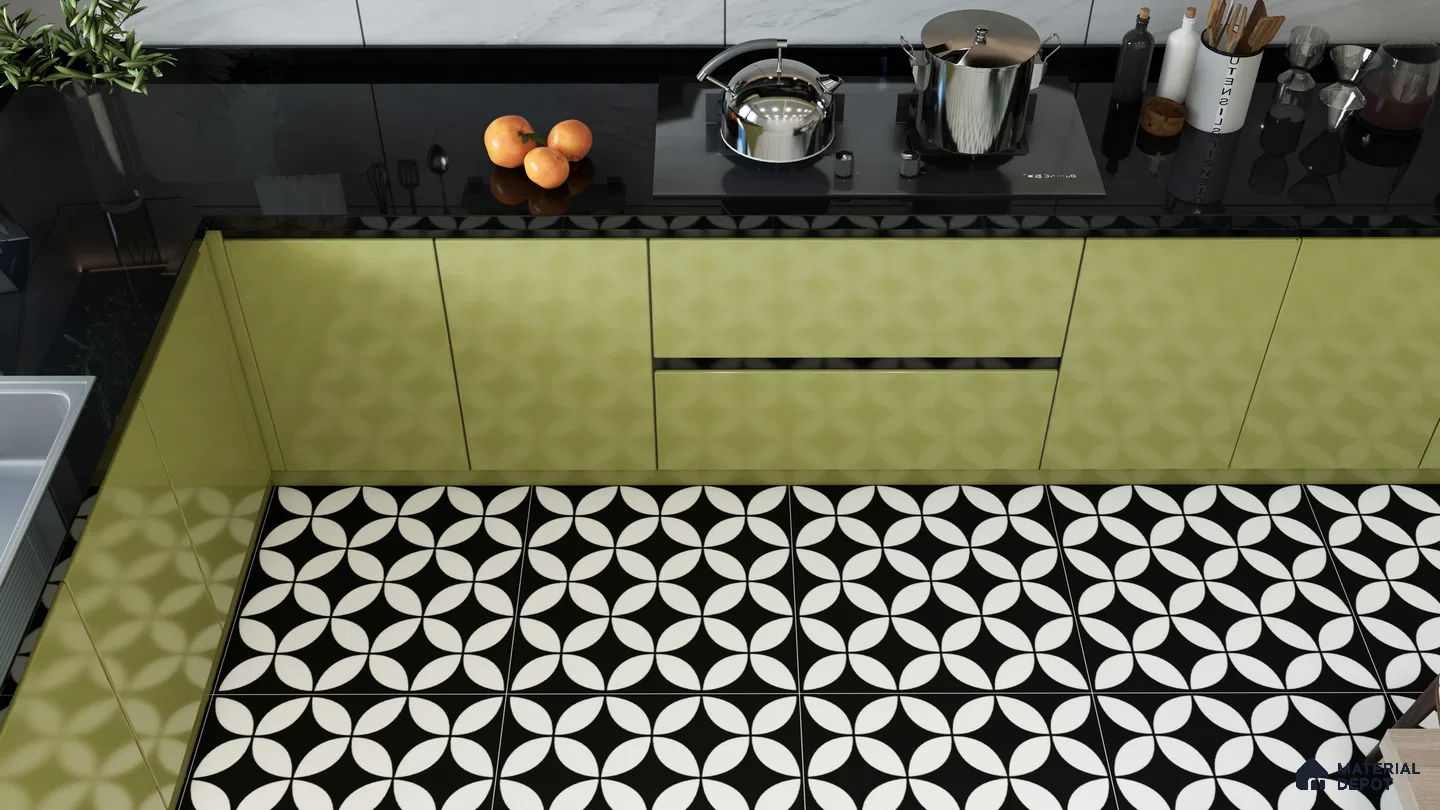 Retro Vibes with Bold Black and White Patterned Floor Tiles in a Modern Kitchen | Material Depot