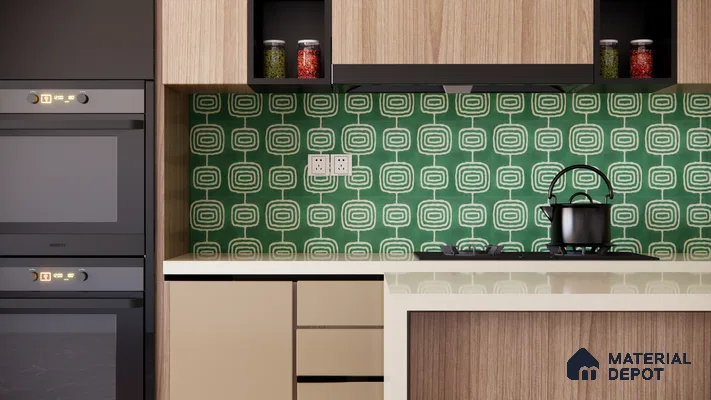 Retro-Inspired Green Geometric Tile Backsplash in Modern Kitchen | Material Depot