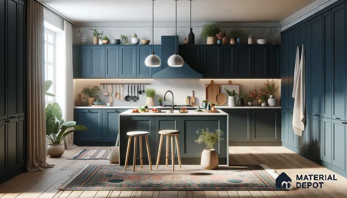 Rich Blue Bohemian Kitchen with Open Shelving and Cozy Textures | Material Depot