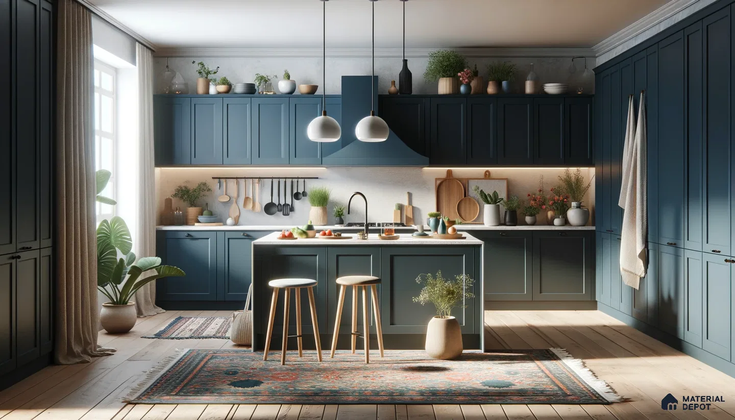 Rich Blue Bohemian Kitchen with Open Shelving and Cozy Textures | Material Depot
