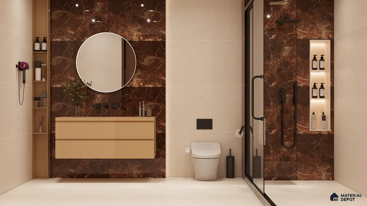 Rich Brown Marble Highlight Wall Tiles for Modern Bathroom Interiors | Material Depot