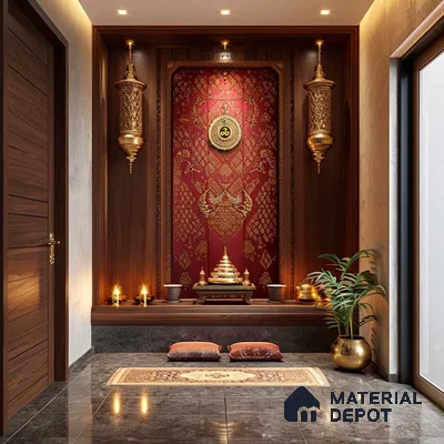 Richly Detailed Pooja Room with Ornate Red and Gold Backdrop | Material Depot