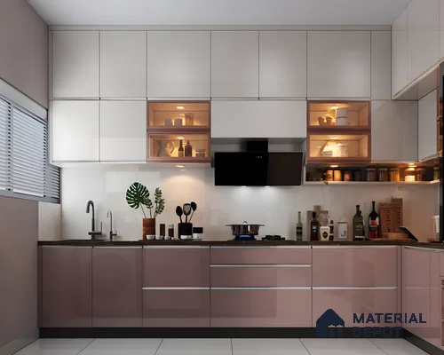 Rose Gold Modular Kitchen With An Island | Material Depot