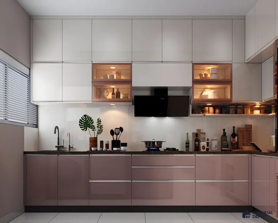Rose Gold Modular Kitchen With An Island | Material Depot