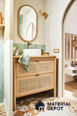 Rustic Bathroom Vanity with Rattan Accents and Soft Green Tiles | Material Depot