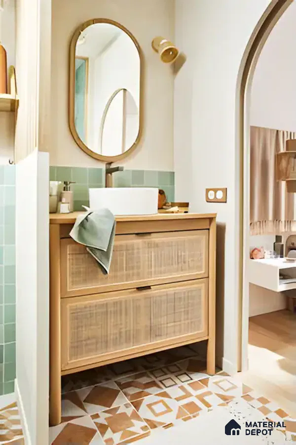 Rustic Bathroom Vanity with Rattan Accents and Soft Green Tiles | Material Depot