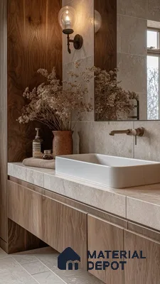 Rustic Bathroom Vanity with Warm Wooden and Stone Accents | Material Depot