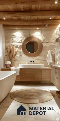 Rustic Bathroom with Stone Wall and Wooden Accents | Material Depot