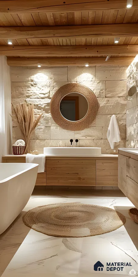 Rustic Bathroom with Stone Wall and Wooden Accents | Material Depot