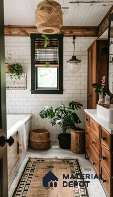 Rustic Bathroom with White Subway Tiles and Wooden Accents | Material Depot