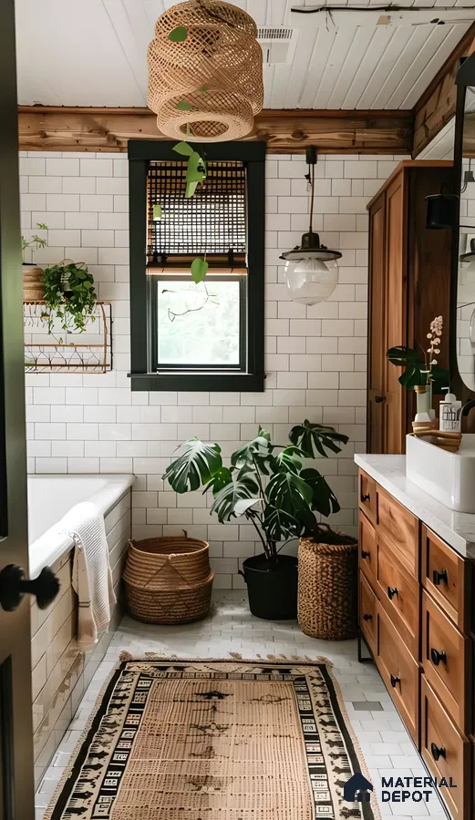Rustic Bathroom with White Subway Tiles and Wooden Accents | Material Depot