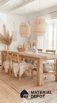 Rustic Bohemian Dining Room: Natural Wood Table With Jute Rug And Woven Pendant Lights | Material Depot