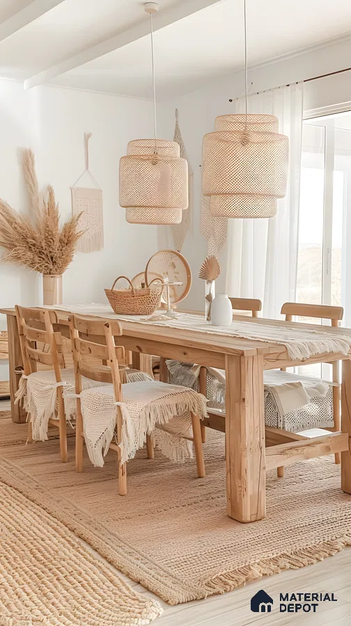 Rustic Bohemian Dining Room: Natural Wood Table With Jute Rug And Woven Pendant Lights | Material Depot