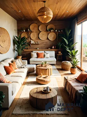 Rustic Boho Living Room with Natural Materials and Abundant Plants | Material Depot