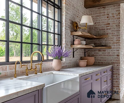 Rustic Charm Kitchen with Brick Accent Wall and Farmhouse Sink | Material Depot