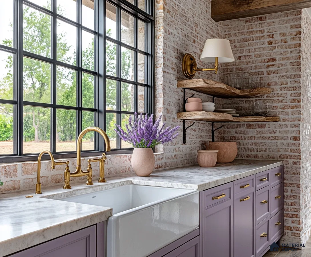 Rustic Charm Kitchen with Brick Accent Wall and Farmhouse Sink | Material Depot